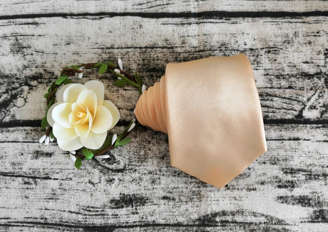Alt view image 4 of 7 - Sand Color Satin Tie Set Gold Solid Ties Mens Necktie + Pocket Square