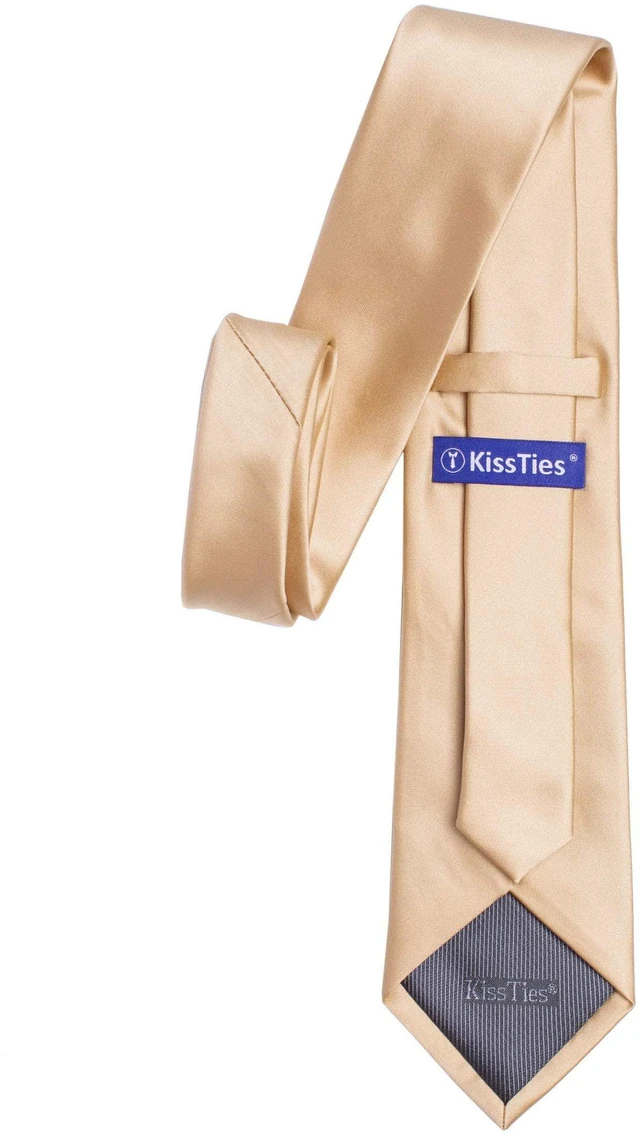 Alt view image 5 of 7 - Sand Color Satin Tie Set Gold Solid Ties Mens Necktie + Pocket Square