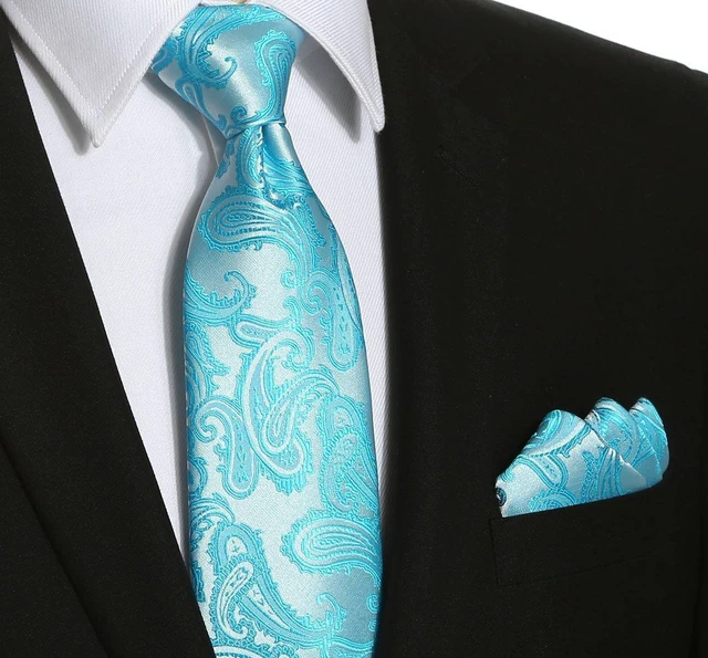 Alt view image 3 of 7 - Mens Tie Set: Ice Blue Paisley Necktie + Pocket Square