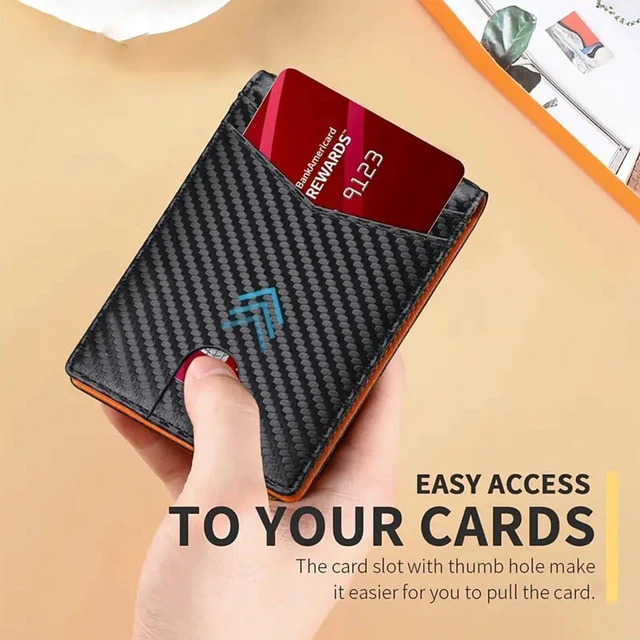 Alt view image 3 of 7 - Carbon Fiber 14-Slot Men's Slim Wallet Bifold Card Holder with ID Window | Thin Front Pocket Minimalist Wallet for Men (Orange)