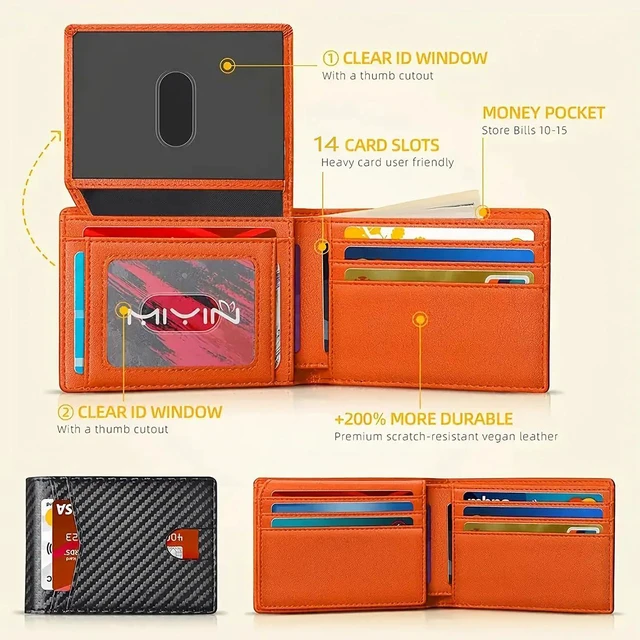 Alt view image 2 of 7 - Carbon Fiber 14-Slot Men's Slim Wallet Bifold Card Holder with ID Window | Thin Front Pocket Minimalist Wallet for Men (Orange)