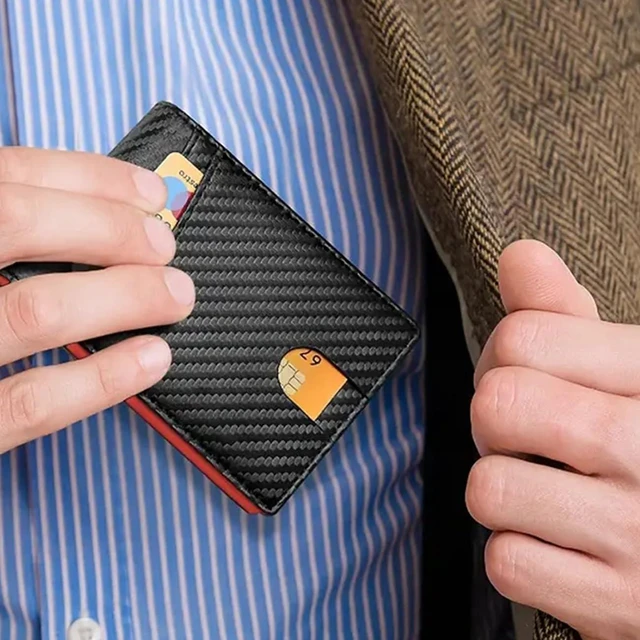 Alt view image 5 of 7 - Carbon Fiber 14-Slot Men's Slim Wallet Bifold Card Holder with ID Window | Thin Front Pocket Minimalist Wallet for Men (Orange)
