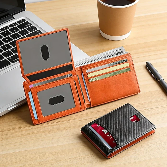 Alt view image 6 of 7 - Carbon Fiber 14-Slot Men's Slim Wallet Bifold Card Holder with ID Window | Thin Front Pocket Minimalist Wallet for Men (Orange)