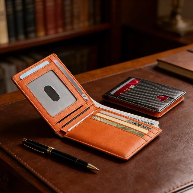 Alt view image 7 of 7 - Carbon Fiber 14-Slot Men's Slim Wallet Bifold Card Holder with ID Window | Thin Front Pocket Minimalist Wallet for Men (Orange)