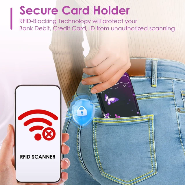 Alt view image 5 of 7 - Credit Card Holder Mini, Purple Butterfly RFID Blocking Aluminum Wallet Slim Metal Hard Case Travel Wallet ID Case for Women Men