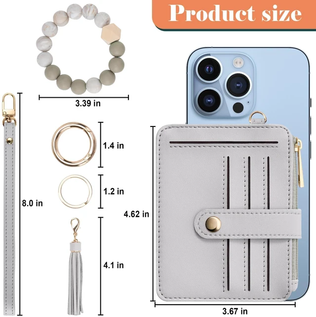 Alt view image 3 of 7 - Airkit Credit Card Holder for Women, Small Keychain Wristlet Wallets | RFID Blocking Card Wallet with Silicone Beaded, Tassel, ID Window, Keyring and Zipper Coin Pocket, Grey