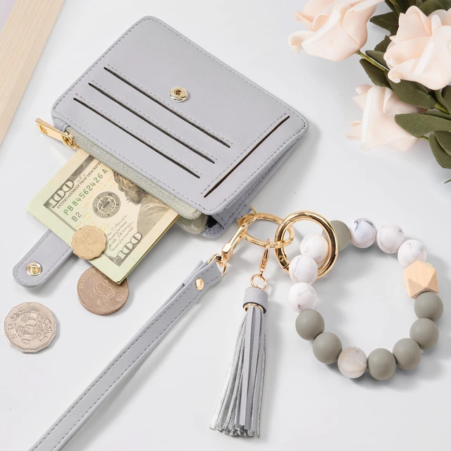 Alt view image 6 of 7 - Airkit Credit Card Holder for Women, Small Keychain Wristlet Wallets | RFID Blocking Card Wallet with Silicone Beaded, Tassel, ID Window, Keyring and Zipper Coin Pocket, Grey