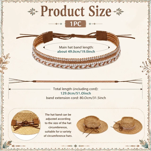Alt view image 2 of 7 - Twisina Cowboy Hat Bands for Men and Women, Western Hat Band Handmade Brown | Adjustable Cowboy-Hat Accessories for Cowboy/Western/Fedora/Cowgirl Hats 51 in
