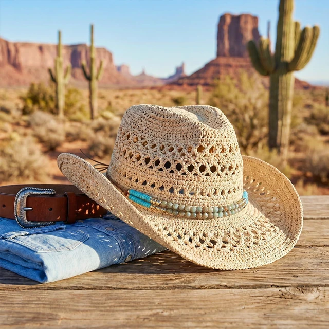 Alt view image 3 of 7 - Adjustable Cowboy Hat Band for Women Men, Turquoise Cowboy Beaded Bands, Cowgirl Rope Belt, Turquoise Hand Made Replaceable Beaded Belt for Panama Fedora, Ethnic Western Rural Hats Belts