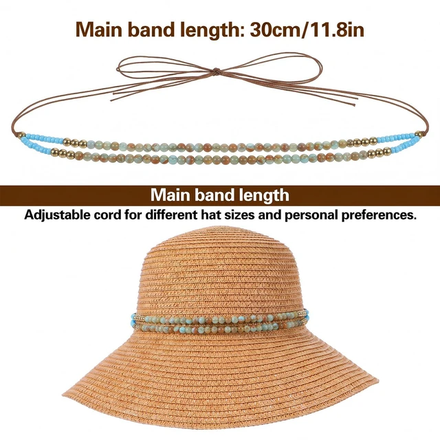 Alt view image 4 of 7 - Adjustable Cowboy Hat Band for Women Men, Turquoise Cowboy Beaded Bands, Cowgirl Rope Belt, Turquoise Hand Made Replaceable Beaded Belt for Panama Fedora, Ethnic Western Rural Hats Belts
