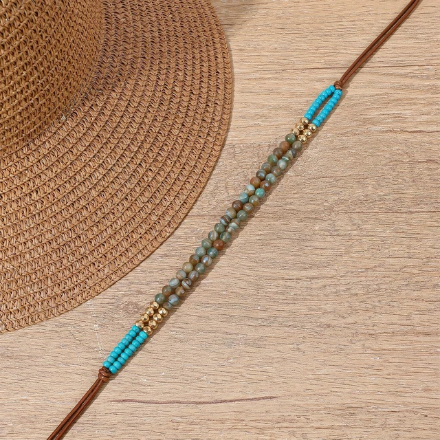 Alt view image 5 of 7 - Adjustable Cowboy Hat Band for Women Men, Turquoise Cowboy Beaded Bands, Cowgirl Rope Belt, Turquoise Hand Made Replaceable Beaded Belt for Panama Fedora, Ethnic Western Rural Hats Belts