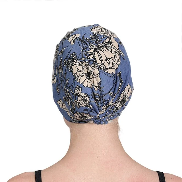 Alt view image 6 of 7 - Chemo Turban for Women Men, Satin Lined Beanie Headwear Head Scarf Headwrap Cap for Cancer Patients Blue