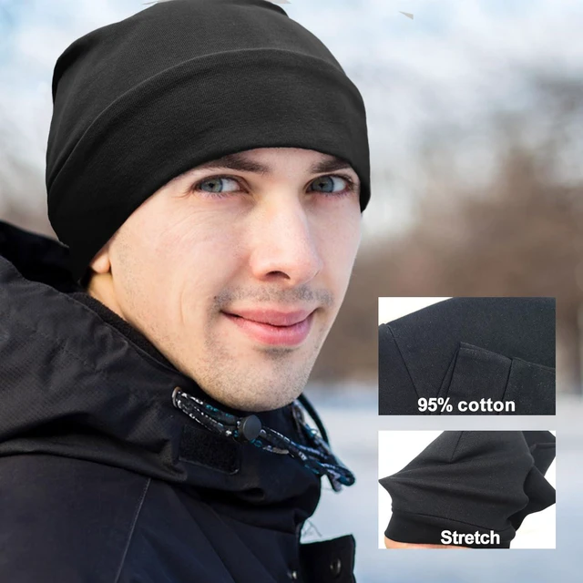 Alt view image 4 of 5 - Unisex Cotton Beanie Hat Thin Running Skull Cap Winter Summer Sports Hat Chemo Cap Multifunctional Lightweight Helmet Liner Night Sleep Cap Beanies Hat for Men Women (Black)