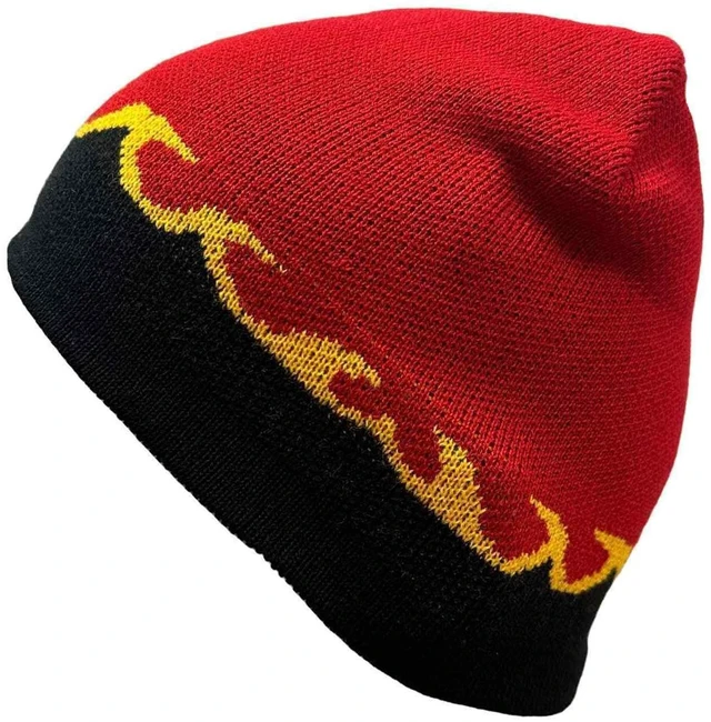 Main image of Flame Print Skull Beanie for Men Women - Warm Soft Knit Acrylic for Cold Weather, All-Purpose Outdoor Sports Hat, Red with Gold and Black Waves