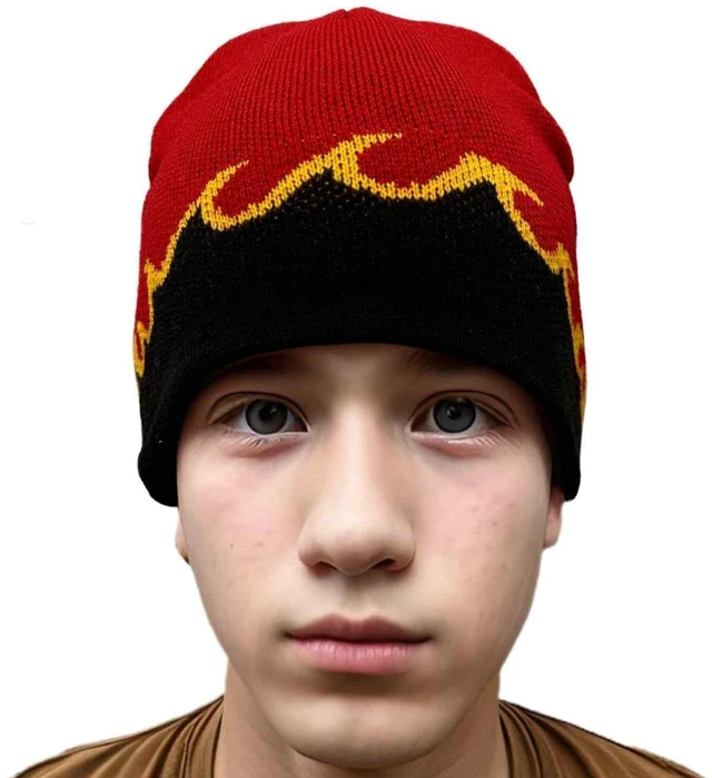 Alt view image 2 of 7 - Flame Print Skull Beanie for Men Women - Warm Soft Knit Acrylic for Cold Weather, All-Purpose Outdoor Sports Hat, Red with Gold and Black Waves