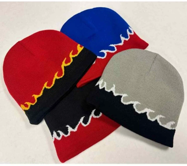 Alt view image 4 of 7 - Flame Print Skull Beanie for Men Women - Warm Soft Knit Acrylic for Cold Weather, All-Purpose Outdoor Sports Hat, Red with Gold and Black Waves