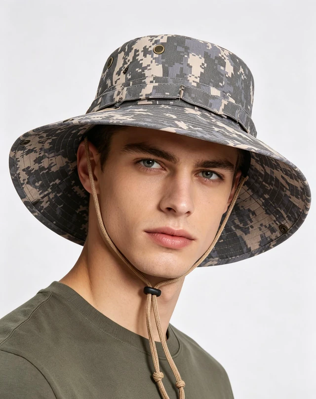 Alt view image 2 of 5 - Men's Camouflage Drawstring Bucket hat, Outdoor Sun Protection, Breathable and Quick-Drying, Suitable for Fishing, Gardening, Hiking, Cotton Wide Brim