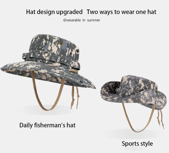 Alt view image 3 of 5 - Men's Camouflage Drawstring Bucket hat, Outdoor Sun Protection, Breathable and Quick-Drying, Suitable for Fishing, Gardening, Hiking, Cotton Wide Brim