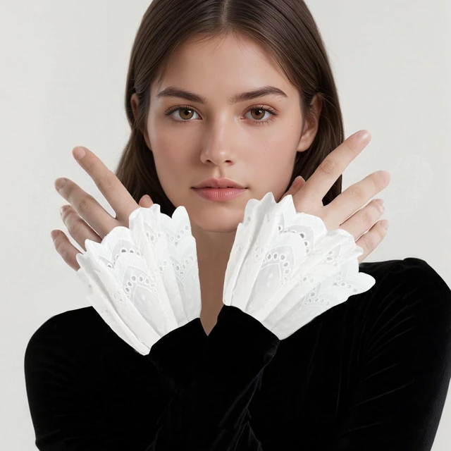 Alt view image 6 of 6 - Joyci Women's Pleated False Sleeves Ruffled Cuffs Button Adjustable White,C | Versatile Fake Shirt Cuffs Detachable Fake Sleeves for Women Girl Add Layered Look Button Closure