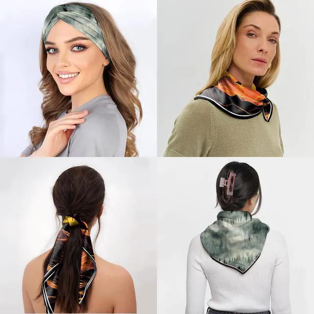 Alt view image 4 of 7 - 2 PCS Scarf Silk Feeling Square Satin Head Hair Wrap 27.5 Inches Trendy Aesthetic Cute Decoration for Women Girls-Sunset Cloud Forest