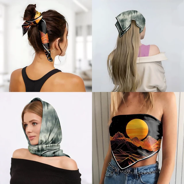 Alt view image 5 of 7 - 2 PCS Scarf Silk Feeling Square Satin Head Hair Wrap 27.5 Inches Trendy Aesthetic Cute Decoration for Women Girls-Sunset Cloud Forest