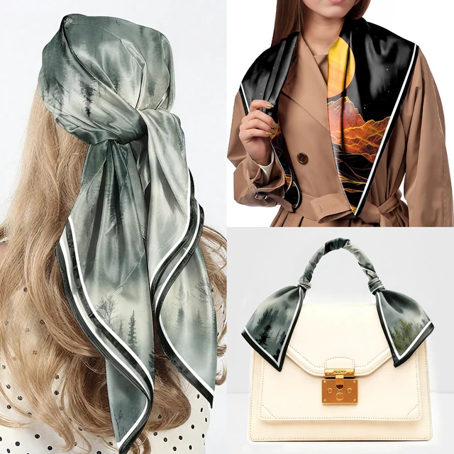 Alt view image 6 of 7 - 2 PCS Scarf Silk Feeling Square Satin Head Hair Wrap 27.5 Inches Trendy Aesthetic Cute Decoration for Women Girls-Sunset Cloud Forest