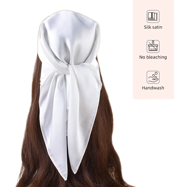 Alt view image 2 of 7 - 27.5 Inches Silk Head Scarf for Women Satin Hair Scarf Silk Wrap Neck Square Scarves Feeling Scarf Boho Headwear (Pure white)