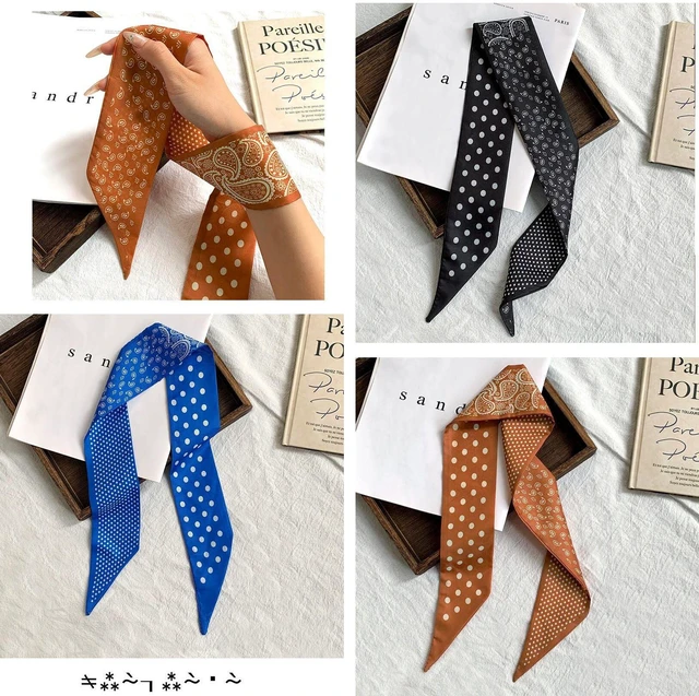 Alt view image 5 of 7 - Muaquata 4 Pack Long Floral Skinny Scarf For Women,Headband Hair band Ribbon Handbag Women's Fashion Scarves (Black)