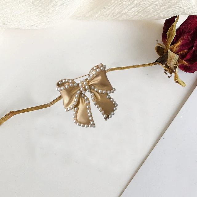 Alt view image 6 of 7 - Just Follow Cute Pearl Flower Brooch Pin,Bowknot Bow Tie Suit Pin Pearl Silk Scarf Buckle Daisy Flower Brooch Jewelry for Women Birthday Gifts (Bow Brooch)