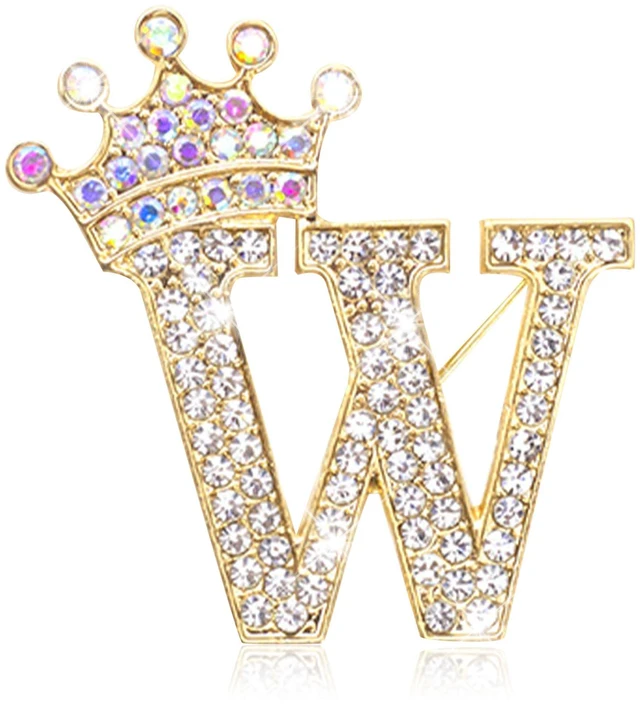 Main image of Crown Initial W Brooch Pin for Women Rhinestone Letter Bag Charm Clothing Accessory