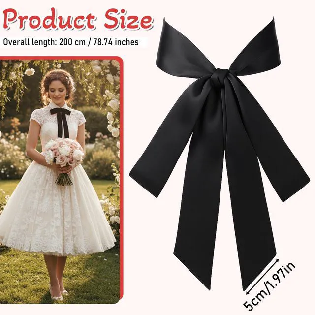 Alt view image 2 of 7 - Bow Tie for Women, Self Tie Satin Ribbon Bowtie Black Waist Corset Belt Polyester Long Sash Belt for Uniform Wedding Cosplay Party Special Occasion Dress Accessory (1.96" Wide, Black)