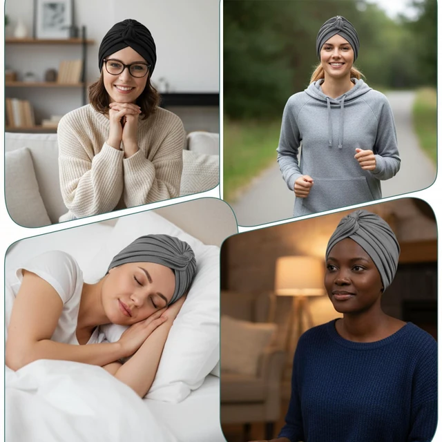 Alt view image 6 of 7 - 2Pcs Chemo Beanie for Women, Elastic Cancer Headwear Black, Gray | for Hair Loss, Unisex Soft Knot Hat, Versatile Skull Cap, for Daily Use