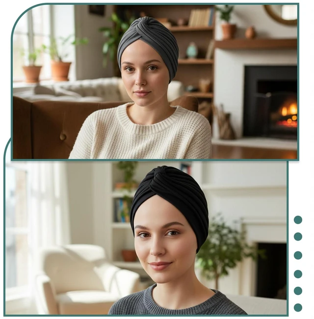 Alt view image 5 of 7 - 2Pcs Chemo Beanie for Women, Elastic Cancer Headwear Black, Gray | for Hair Loss, Unisex Soft Knot Hat, Versatile Skull Cap, for Daily Use