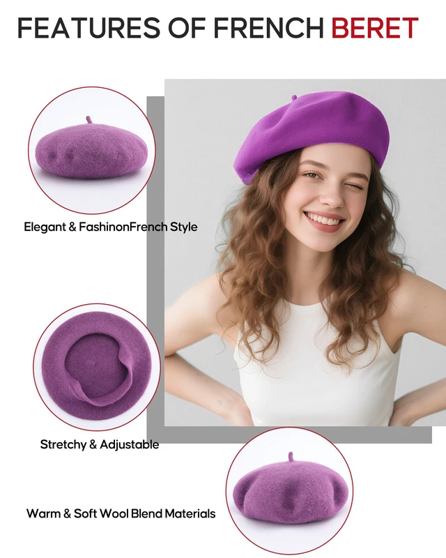 Alt view image 3 of 7 - CKYPTFK French Beret Hats for Women - Wool Solid Color Beanie Cap | Soft Warm Wool Beret Hat, Stretchable One Size Fits Most, Breathable for Spring Fall Winter Daily Travel & Party - Lavender