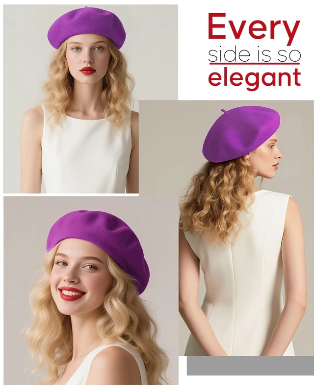 Alt view image 4 of 7 - CKYPTFK French Beret Hats for Women - Wool Solid Color Beanie Cap | Soft Warm Wool Beret Hat, Stretchable One Size Fits Most, Breathable for Spring Fall Winter Daily Travel & Party - Lavender