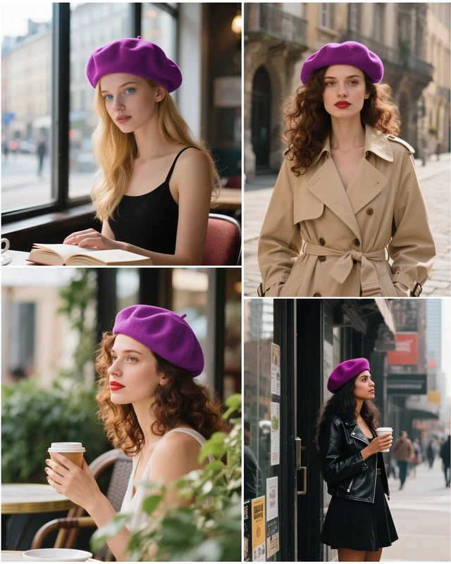 Alt view image 5 of 7 - CKYPTFK French Beret Hats for Women - Wool Solid Color Beanie Cap | Soft Warm Wool Beret Hat, Stretchable One Size Fits Most, Breathable for Spring Fall Winter Daily Travel & Party - Lavender