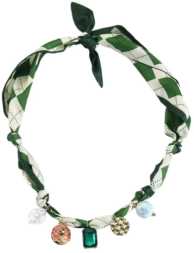 Main image of Scarf Bandana Necklace with Charm Colorful Silk Flower Crystal Heart Pearl Choker Necklace Fabric Statement Jewelry (Green Scarf with Crystal)