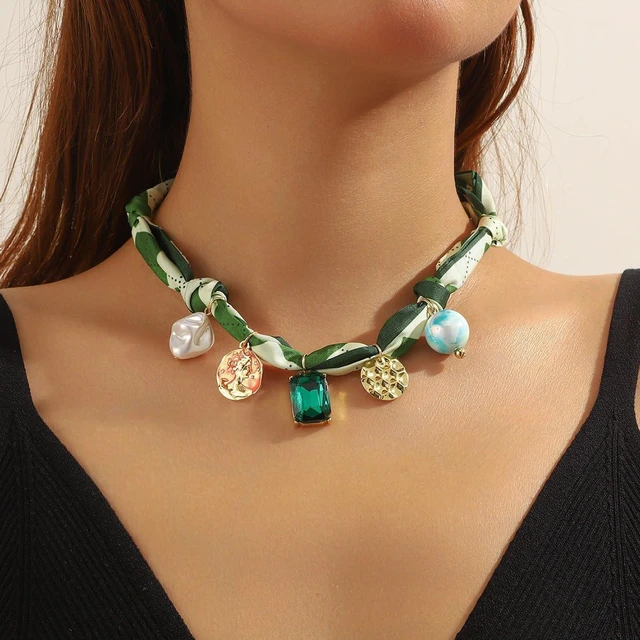 Alt view image 2 of 7 - Scarf Bandana Necklace with Charm Colorful Silk Flower Crystal Heart Pearl Choker Necklace Fabric Statement Jewelry (Green Scarf with Crystal)