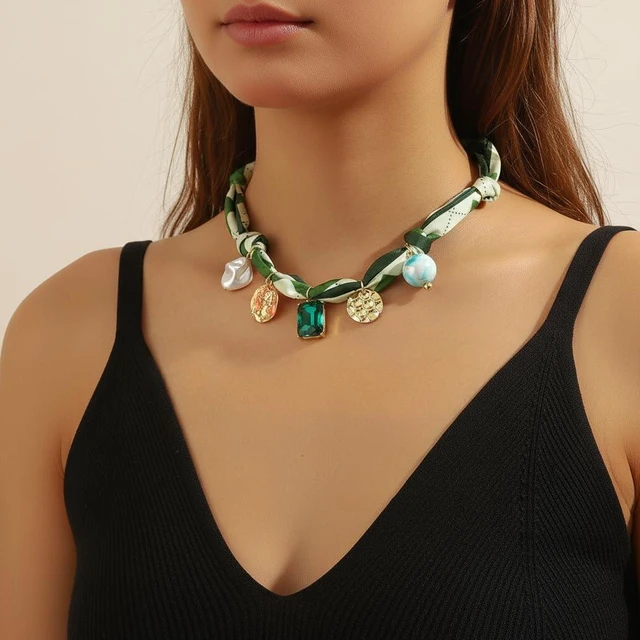 Alt view image 3 of 7 - Scarf Bandana Necklace with Charm Colorful Silk Flower Crystal Heart Pearl Choker Necklace Fabric Statement Jewelry (Green Scarf with Crystal)