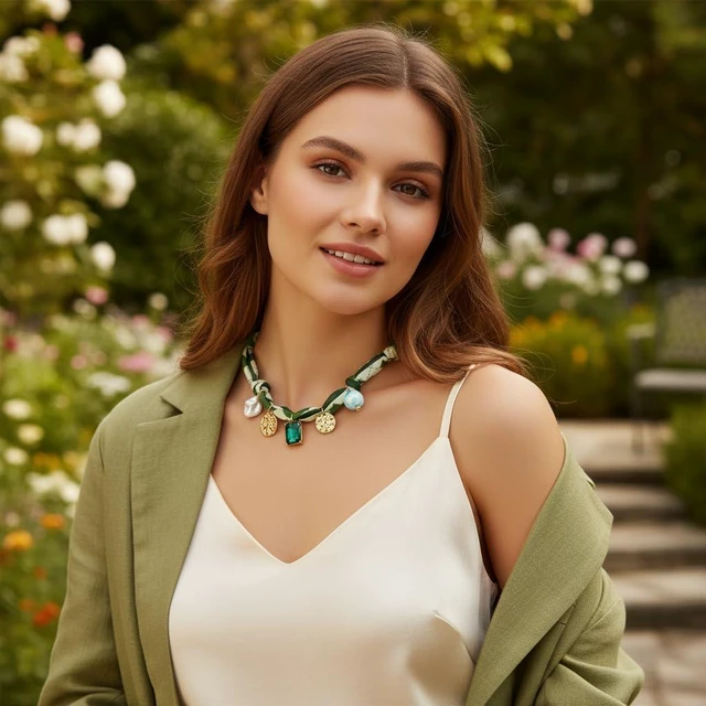 Alt view image 4 of 7 - Scarf Bandana Necklace with Charm Colorful Silk Flower Crystal Heart Pearl Choker Necklace Fabric Statement Jewelry (Green Scarf with Crystal)