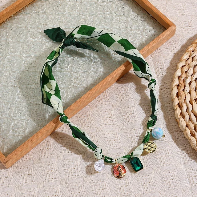 Alt view image 5 of 7 - Scarf Bandana Necklace with Charm Colorful Silk Flower Crystal Heart Pearl Choker Necklace Fabric Statement Jewelry (Green Scarf with Crystal)