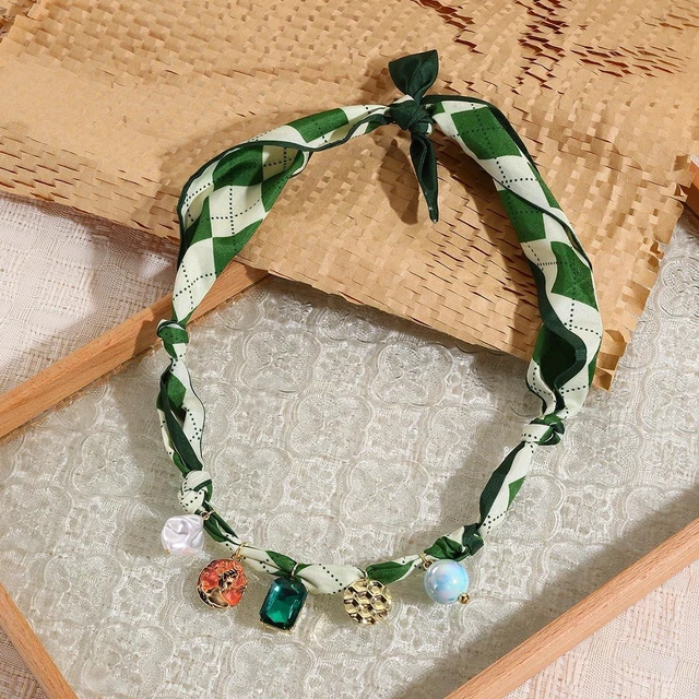 Alt view image 6 of 7 - Scarf Bandana Necklace with Charm Colorful Silk Flower Crystal Heart Pearl Choker Necklace Fabric Statement Jewelry (Green Scarf with Crystal)