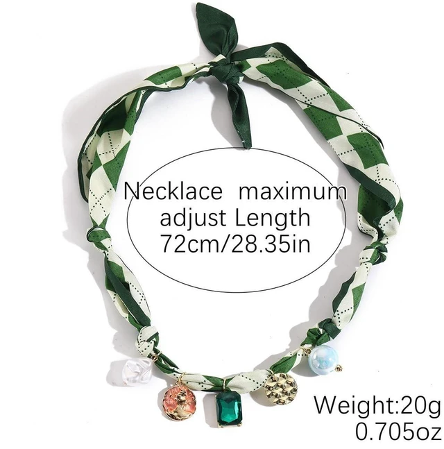 Alt view image 7 of 7 - Scarf Bandana Necklace with Charm Colorful Silk Flower Crystal Heart Pearl Choker Necklace Fabric Statement Jewelry (Green Scarf with Crystal)
