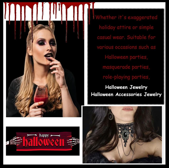 Alt view image 2 of 7 - Gothic Jewelry Set for Women, Black Lace Choker Necklace Earrings Bracelet Ring Set, Halloween Costume Accessories for Witch Vampire Outfits, Vintage Goth Party Jewelry