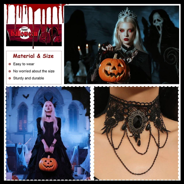 Alt view image 3 of 7 - Gothic Jewelry Set for Women, Black Lace Choker Necklace Earrings Bracelet Ring Set, Halloween Costume Accessories for Witch Vampire Outfits, Vintage Goth Party Jewelry