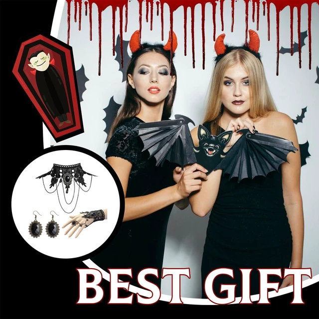 Alt view image 4 of 7 - Gothic Jewelry Set for Women, Black Lace Choker Necklace Earrings Bracelet Ring Set, Halloween Costume Accessories for Witch Vampire Outfits, Vintage Goth Party Jewelry