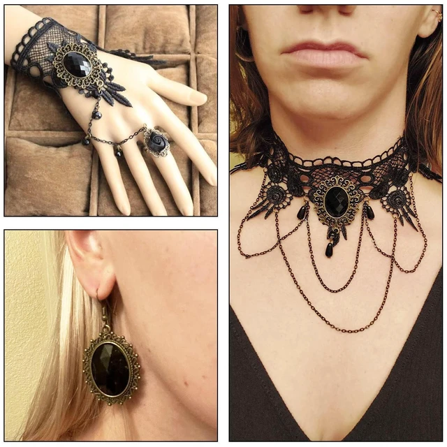 Alt view image 5 of 7 - Gothic Jewelry Set for Women, Black Lace Choker Necklace Earrings Bracelet Ring Set, Halloween Costume Accessories for Witch Vampire Outfits, Vintage Goth Party Jewelry