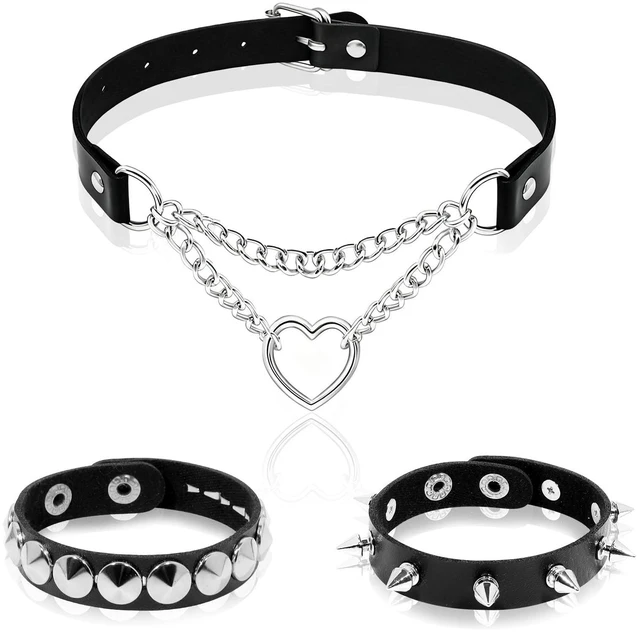 Main image of ZAGQIG 3Pcs Leather Choker Necklace for Women Heart Chain Choker Necklace Studded Bracelet Punk Gothic Emo Accessories for Halloween Outfits Cosplay (Black A)