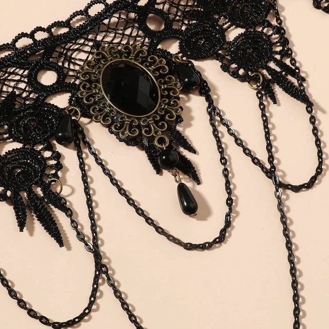 Alt view image 7 of 7 - Gothic Jewelry Set for Women, Black Lace Choker Necklace Earrings Bracelet Ring Set, Halloween Costume Accessories for Witch Vampire Outfits, Vintage Goth Party Jewelry