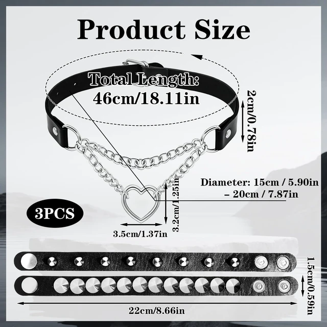 Alt view image 2 of 7 - ZAGQIG 3Pcs Leather Choker Necklace for Women Heart Chain Choker Necklace Studded Bracelet Punk Gothic Emo Accessories for Halloween Outfits Cosplay (Black A)